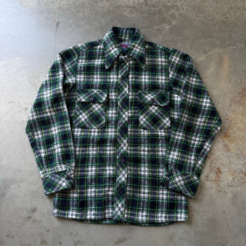 Vintage 70’s Wrangler Green Tartan Plaid Wool Blend Button Up Shirt Size Large